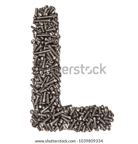 Letter L made of building bolts, isolated on white background. Concept: alphabet, italian, spanish, french, german, english, logo, words, write. For the text. Latin. A series of photos