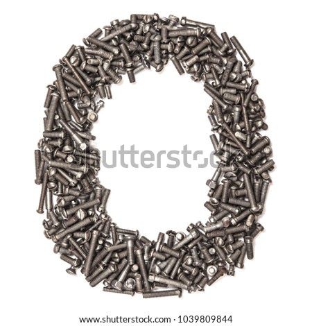 Letter O made of building bolts, isolated on white background. Concept: alphabet, italian, spanish, french, german, english, logo, words, write. For the text. Latin. A series of photos