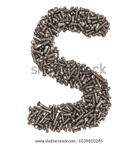Letter S made of building bolts, isolated on white background. Concept: alphabet, italian, spanish, french, german, english, logo, words, write. For the text. Latin. A series of photos