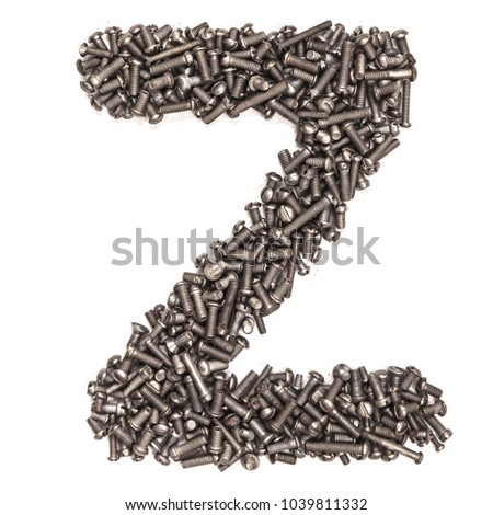 Letter Z made of building bolts, isolated on white background. Concept: alphabet, italian, spanish, french, german, english, logo, words, write. For the text. Latin. A series of photos