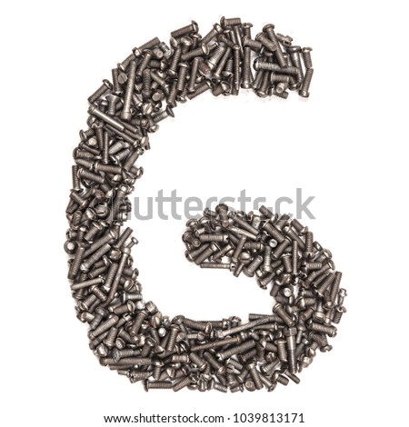 Letter G made of building bolts, isolated on white background. Concept: alphabet, italian, spanish, french, german, english, logo, words, write. For the text. Latin. A series of photos