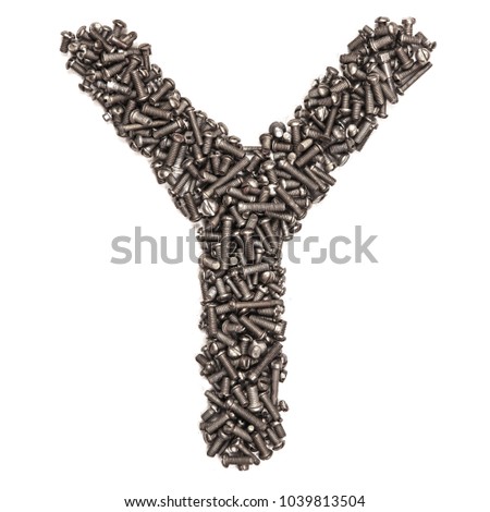 Letter Y made of building bolts, isolated on white background. Concept: alphabet, italian, spanish, french, german, english, logo, words, write. For the text. Latin. A series of photos