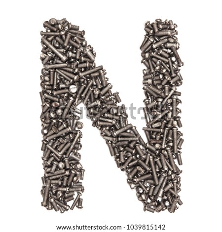 Letter N made of building bolts, isolated on white background. Concept: alphabet, italian, spanish, french, german, english, logo, words, write. For the text. Latin. A series of photos
