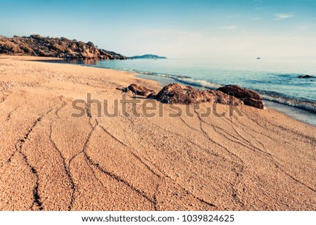 Sunny summer seascape of Aegean Sea. Wonderful marine landscape of Cuba Beach, Olimpiada village location, Greece, Europe. Beauty of nature concept background.
