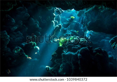 Underwater cave in fantasy underwater world Royalty-Free Stock Photo #1039840372