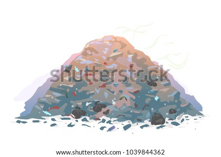 One big garage dump with mountains of trash and waste bags with an unpleasant smell, isolated on white, environmental pollution Royalty-Free Stock Photo #1039844362