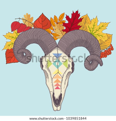 Ram's skull with autumn foliage. Hand drawn vector illustration.