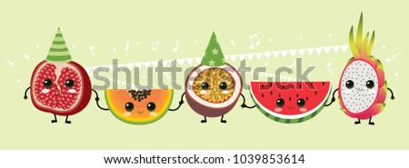 Fruits party. Vector illustration with cute  characters.  Papaya, pomegranate, passion fruit, watermelon,  dragon fruit. Summer. Tropical vibes.