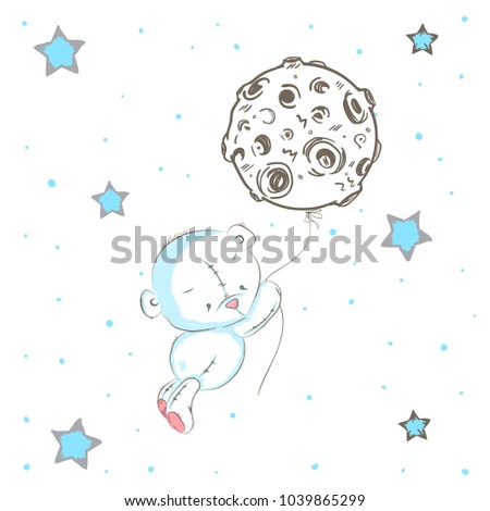 Cute little bear cartoon hand drawn vector illustration. Can be used for baby t-shirts printing, fashion print design, baby clothes, baby shower, holiday greeting and invitations.