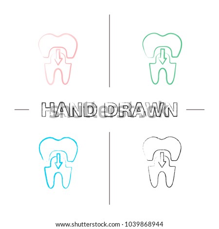 Dental crown with down arrow hand drawn icons set. Tooth restoration. Color brush stroke. Isolated vector sketchy illustrations