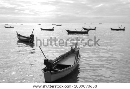 Black and white pictures of fishermen boat at Pattaya beach, Thailand