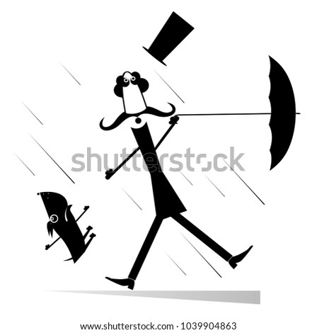 Strong wind, mustache man in the top hat with umbrella and a dog illustration vector