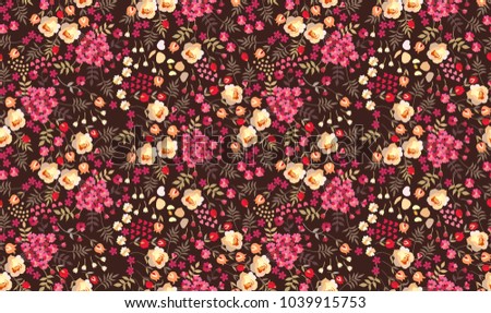 Seamless ditsy floral pattern in small-scale flowers on brown background in vector. Liberty style. Print for fabric, paper, wallpaper, scrapbooking, wrapping design.
