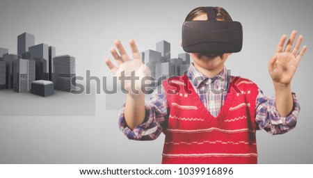 Digital composite of Boy against grey background with virtual reality headset and 3D buildings