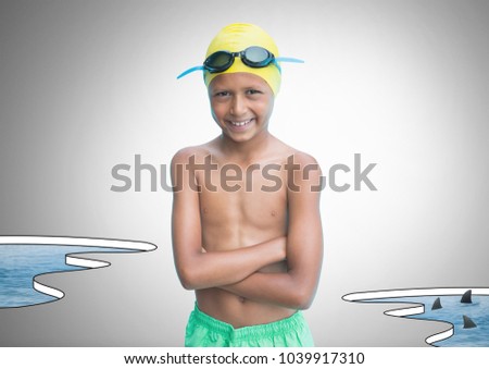 Digital composite of Boy against grey background with swimming gear and water pool with sharks
