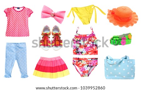 Beach summer baby clothes isolated.Child clothing set.