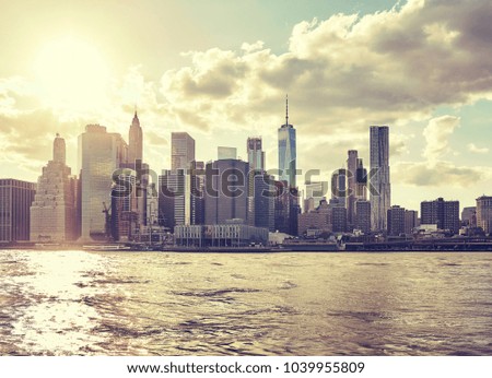 Manhattan seen from Brooklyn at sunset, color toned picture, New York City, USA.