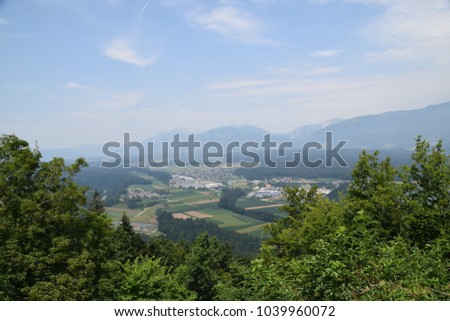 A view of a town surrounded by a forest in Europe