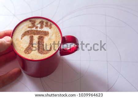 cappuccino in a red cup with a figure symbol of the number pi Royalty-Free Stock Photo #1039964623