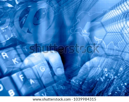 Map, keyboard and hands - abstract computer background in blues.