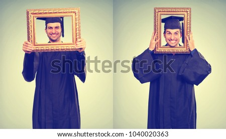 Young man graduated using a frame