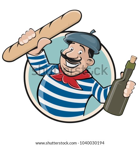 funny clipart of a french man with baguette and wine