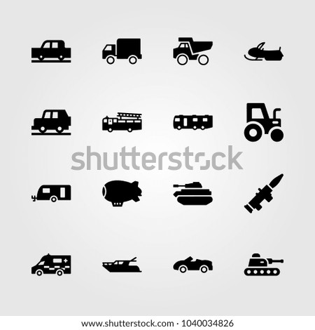 Transport icons set. Vector illustration yatch, tractor, zeppelin and fire truck