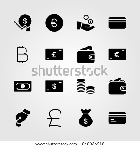 Money icons set. Money vector illustration wallet, bag, pound sterling and credit card Royalty-Free Stock Photo #1040036518