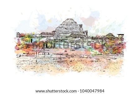 The Pyramid of Djoser, or step pyramid is an archeological remain in the Saqqara necropolis, Egypt, northwest of the city of Memphis. Watercolor splash with Hand drawn sketch illustration in vector. Royalty-Free Stock Photo #1040047984