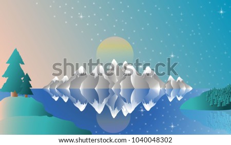 Alps Landscape sunset winter illustration background. Mountains vector.Full screen format.