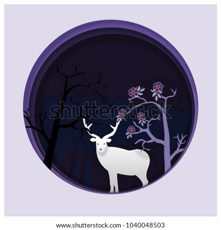 Abstract of deer forest and flowers; paper art concept; vector art and illustration. Peper art style