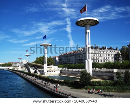 Four high towers in downtown promenade of city lyon|Quai Claude Bernard|swimming pool Royalty-Free Stock Photo #1040059948