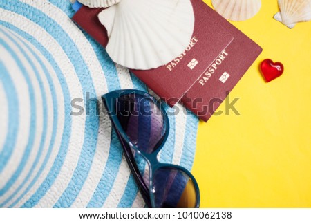 Passport, credit card prepared for trip, travel accessori, seashell. Vacation document. Turism concept. Selective focus. Royalty-Free Stock Photo #1040062138
