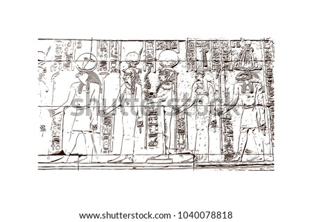 The Ramesseum is the memorial temple of Pharaoh Ramesses II. It is located in the Theban necropolis in Upper Egypt. Hand drawn sketch illustration in vector. Royalty-Free Stock Photo #1040078818