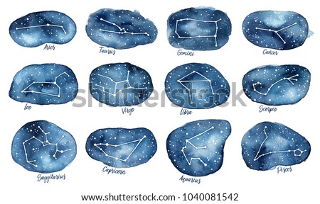 Set of all 12 Zodiac Signs as Constellations in the Dark Starry Sky. With written names. Hand drawn decorative water color gradient drawing on white background, cut out. Banners, clip art, decor.