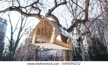 Wooden birdhouse in snowy park. Birds feeder in the winter.