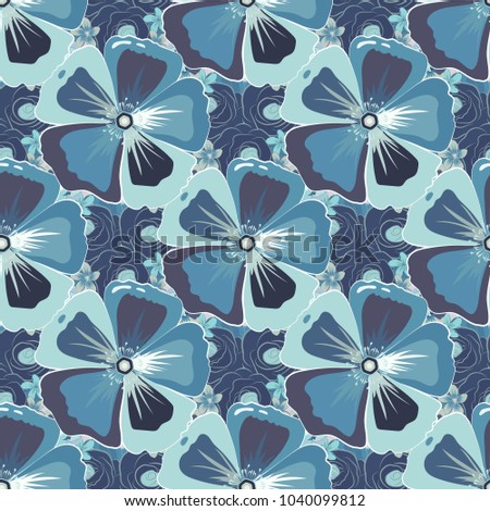 Seamless pattern with cute cosmos flowers in blue and gray colors. Vector illustration.