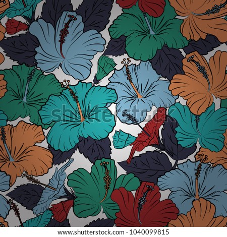 Repeating vector hibiscus flowers pattern. Modern motley floral seamless pattern in orange, green and blue colors. Floral print.
