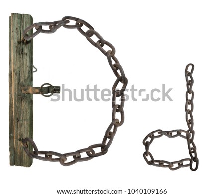 letter D from rusty old chains and rotten wooden leash, isolate on white background 
