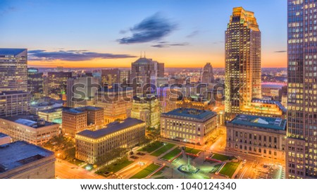 Cleveland, Ohio, USA downtown cityscape at dawn.