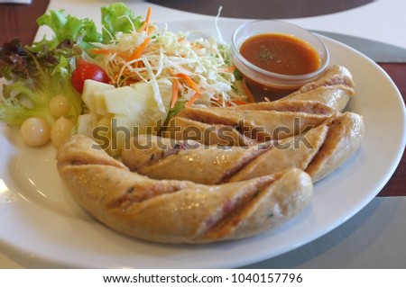 Picture for THAI steak catalogs menu , Delicious  pork sausages grill with mashed potatoes and vegetables salad 
