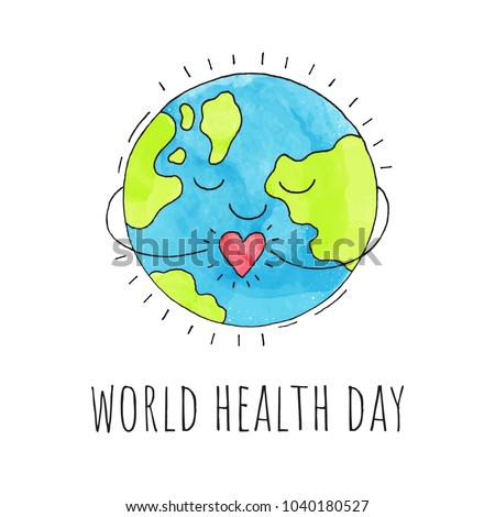 World health day. Planet Earth with a heart. Hand drawn illustration. Vector background