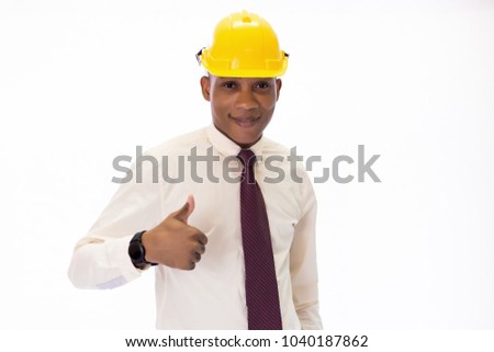 African American man showing thumbs up with copy space. Happy male engineer at work isolated over white background