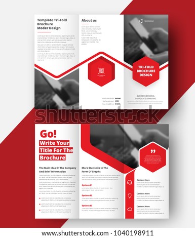 Vector triple folding brochure for business and advertising. The template is white with a red hexagon and a place for photos. Design for printing and advertising. Royalty-Free Stock Photo #1040198911