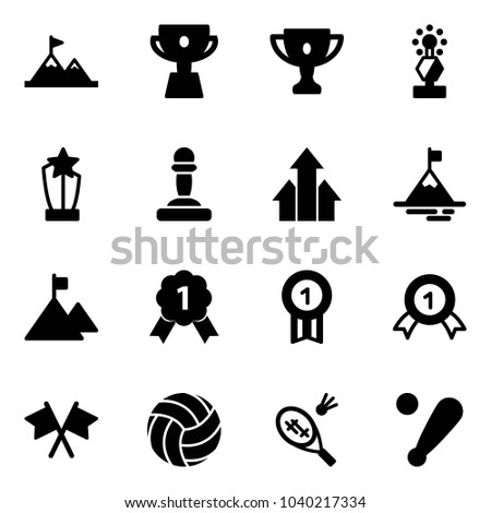 Solid vector icon set - attainment vector, cup, gold, award, pawn, arrows up, mountain, medal, flags cross, volleyball, badminton, baseball bat