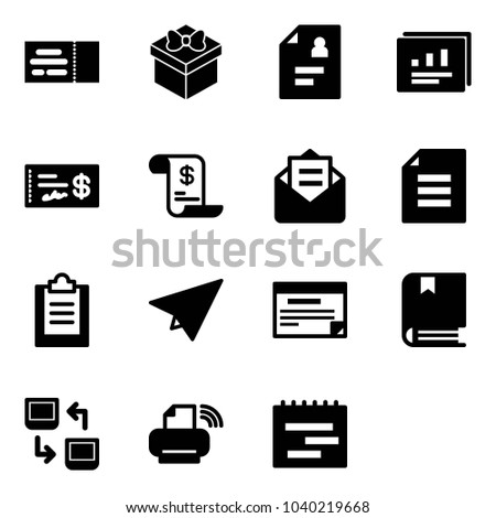 Solid vector icon set - ticket vector, gift, patient card, statistics report, check, account history, opened mail, document, clipboard, paper plane, schedule, book, data exchange, printer wireless