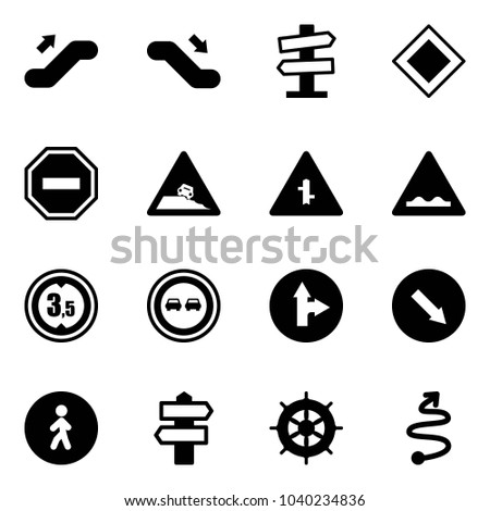 Solid vector icon set - escalator up vector, down, road signpost sign, main, no way, steep roadside, intersection, rough, limited height, overtake, only forward right, detour, pedestrian, hand wheel