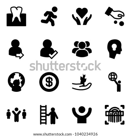 Solid vector icon set - tooth vector, run, heart care, investment, user login, check, group, head bulb, man globe, dollar, hand sproute, world, team leader, opportunity, success, fingerprint scanner