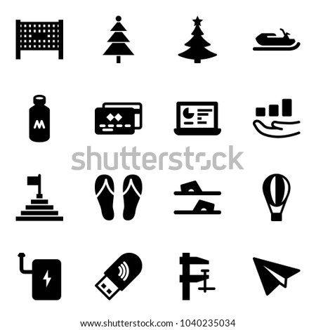 Solid vector icon set - fenced area vector, christmas tree, snowmobile, milk, credit card, statistics monitor, growth, pyramid flag, flip flops, air balloon, power bank, usb wi fi, clamp
