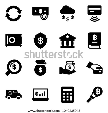 Solid vector icon set - exchange vector, cash, money rain, tap pay, safe, bank, annual report, search, bag, investment, card, encashment car, account statistics, calculator, torch